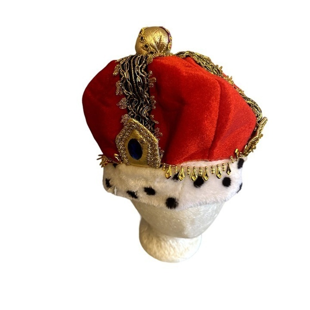 King Costume Fabric Crown Red Gold Hat Cap One Size Embellished Jewels